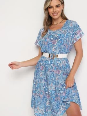 Niebieska Wiskozowa Sukienka o Rozkloszowanym Kroju w Stylu Boho Melnea cflo