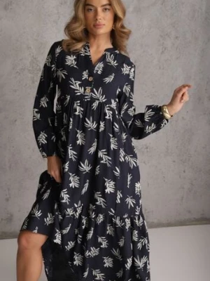 Niebieska Wiskozowa Sukienka o Rozkloszowanym Kroju z Guzikami przy Dekolcie Seave m&d fashion