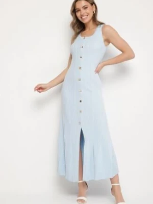 Niebieska Wiskozowa Sukienka Sweterkowa z Ozdobnymi Guzikami Lunarelle elsa.m by may