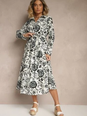 Niebieska Wiskozowa Sukienka w Kwiatowy Wzór o Koszulowym Kroju z Paskiem Zelkiona m&d fashion