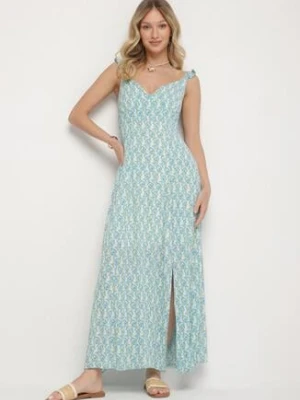 Niebieska Wiskozowa Sukienka w Kwiaty z Ozdobnymi Falbankami Redele rosa