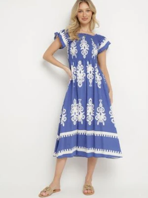 Niebieska Wiskozowa Sukienka w Ornamentalne Wzory o Rozkloszowanym Kroju Divessa j&x