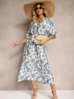 Niebiesko-Biała Wiskozowa Sukienka Wiązana w Talii z Ozdobnymi Rękawami Nanea bisou's project