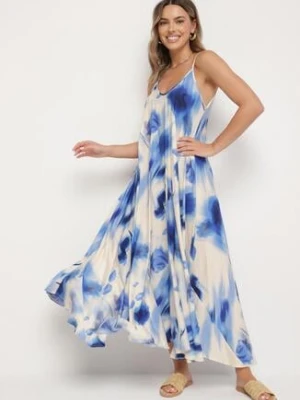 Niebieska Wiskozowa Sukienka z Abstrakcyjnym Motywem Nilenisa rosa