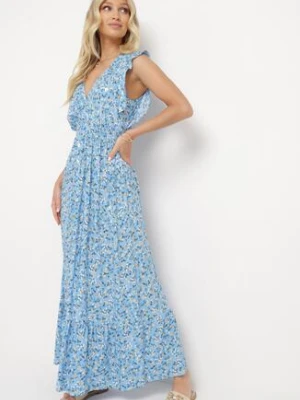 Niebieska Wiskozowa Sukienka z Gumką w Talii z Kopertowym Dekoltem i Falbankami Voaladia cflo