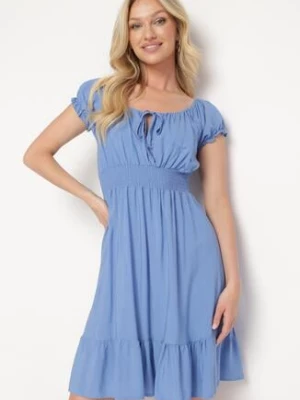 Niebieska Wiskozowa Sukienka z Gumkami w Pasie Ściągana przy Dekolcie z Falbanką Tiimamla cflo