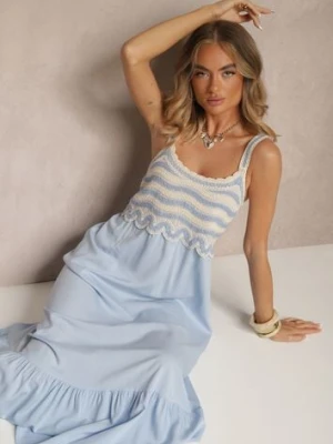 Niebieska Wiskozowa Sukienka z Haftami na Ramiączkach o Rozkloszowanym Kroju Efralisse rosa