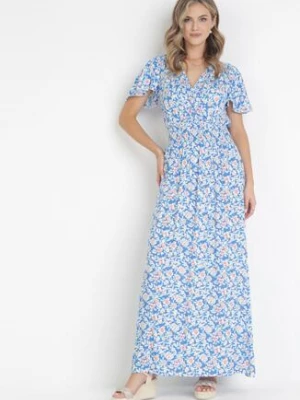 Niebieska Wiskozowa Sukienka Z Kopertowym Dekoltem i Gumkami w Pasie Seldel cflo