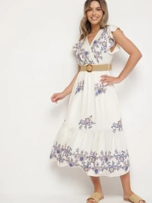 Biało-Niebieska Wiskozowa Sukienka z Kopertowym Dekoltem i Paskiem Nilazea rosa