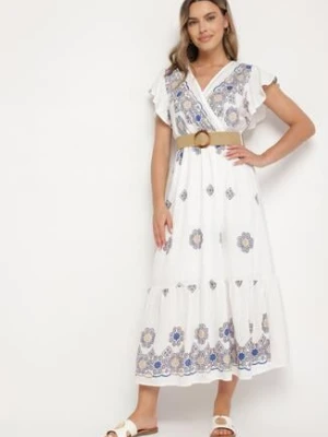 Biało-Niebieska Wiskozowa Sukienka z Paskiem w Ornamentny Wzór Nilorine rosa