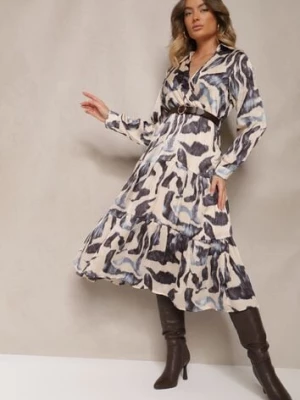 Beżowo-Szara Wzorzysta Sukienka o Kopertowym Kroju z Paskiem i Gumką w Talii Zinnerva rosa