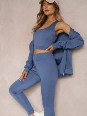 Niebieski 3-częściowy Komplet Dresowy z Legginsami Bluzą i Topem Heri