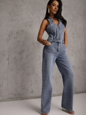 Niebieski Bawełniany Kombinezon Jeansowy z Dekoltem Halter i Kołnierzykiem Edaviann hello miss