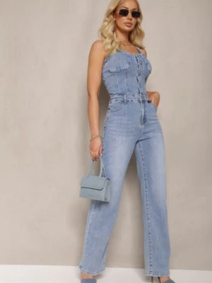 Niebieski Bawełniany Kombinezon Jeansowy z Prostymi Nogawkami na Ramiączkach Naslwen hello miss