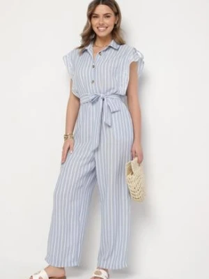 Niebieski Bawełniany Kombinezon o Koszulowym Kroju z Wiązanym Paskiem Amerlia rosa