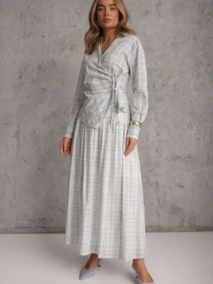 Niebieski Bawełniany Komplet w Kratę Rozkloszowana Spódnica i Bluzka z Wiązaniem Allisa unigirl