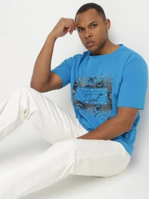 Niebieski Bawełniany T-shirt Ozdobiony Nadrukiem Nartzedi glo-story