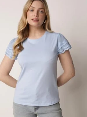Niebieski Bawełniany T-shirt z Koronkowymi Rękawami Carilynore ambitionfly