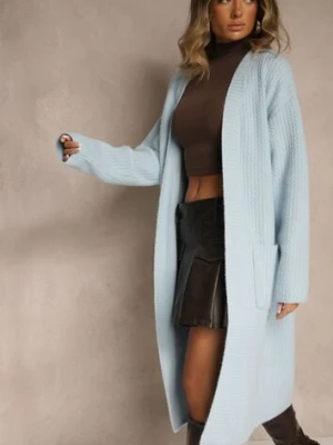 Niebieski Długi Kardigan Niezapinany z Bawełną Ferrive j&x