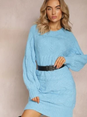 Niebieski Długi Sweter Oversize z Wypukłym Splotem All Over Somet