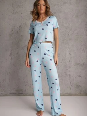 Niebieski Elastyczny Komplet Piżamowy w Serduszka Spodnie i Top Isle