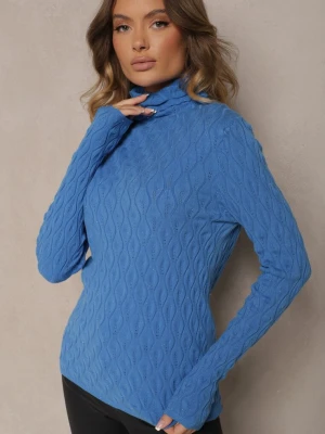 Niebieski Golf z Wiskozą w Tłoczony Wzór Przeszyty Metaliczną Nitką Neldora Wool Fashion