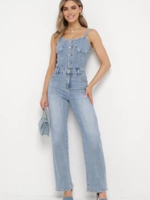 Niebieski Jeansowy Kombinezon z Bawełny na Ramiączkach z Prostymi Nogawkami Laelliana hello miss