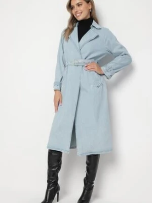 Niebieski Jeansowy Płaszcz za Kolano z Paskiem ze Sprzączką Sumiorre bisou's project