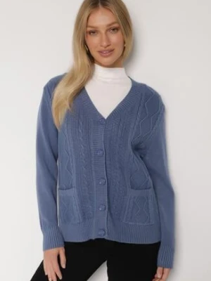 Niebieski Kardigan z Bawełną Zdobiony Warkoczowym Splotem i Kieszeniami Mevesava