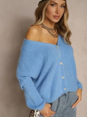 Niebieski Kardigan z Wełną i Moherem o Klasycznym Kroju z Dekoltem w Serek Avelmio jumelle