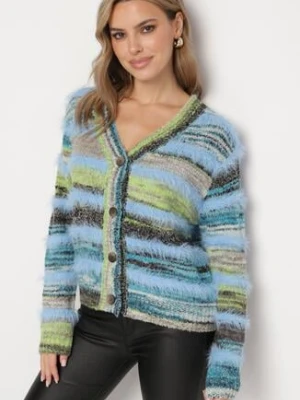 Niebieski Kardigan z Wełną i Wiskozą na Guziki Ozdobiony Paskami Esalenia