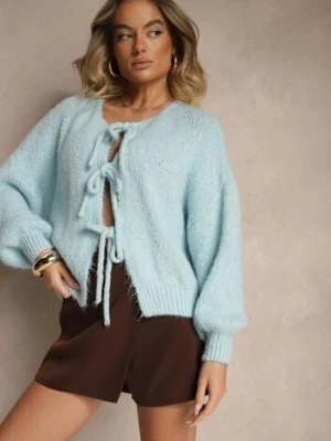 Niebieski Kardigan z Wełną o Kroju Oversize z Wiązanymi Kokardami Elearina jumelle