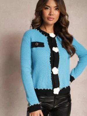 Niebieski Kardigan z Wiskozy o Klasycznym Fasonie z Perłami i Kwiatami Kallu elsa.m by may