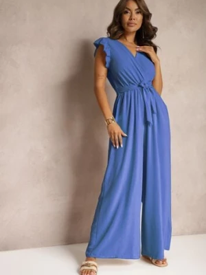 Niebieski Koktajlowy Kombinezon Wiązany Paskiem Wykończony Falbankami przy Ramionach Vimaseni lovery