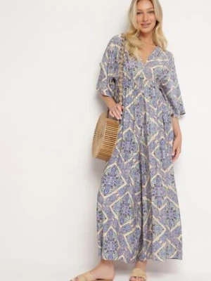 Niebieski Kombinezon Boho z Gumką w Talii Wiązany na Plecach z Szerokimi Nogawkami Rodolia belcci