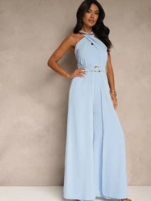 Niebieski Kombinezon Koktajlowy Ozdobiony Paskiem z Metaliczną Klamrą Zermira new collection