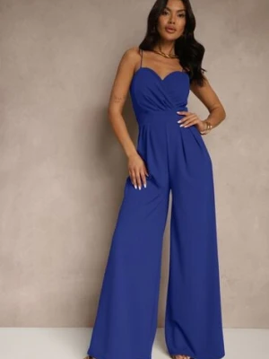 Niebieski Kombinezon na Cienkich Ramiączkach z Kopertowym Dekoltem i Szerokimi Nogawkami Jovantia messaya