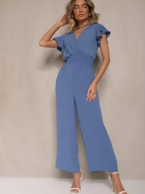 Niebieski Kombinezon o Kopertowym Kroju z Gumką w Talii Martalia j&x