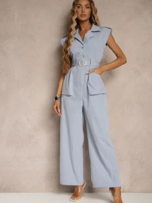 Niebieski Kombinezon Taliowany Ozdobiony Cyrkoniami i Guzikami Lumevarae j&x