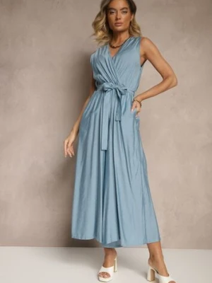 Niebieski Kombinezon Taliowany z Wiskozą Ozdobiony Paskiem Evintria h&s