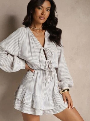 Niebieski Kombinezon w Cienkie Paski z Wiązaniem z Bawełny Ovivelle jumelle