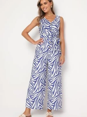 Niebieski Kombinezon z Dodatkiem Wiskozy Wykończony Paskiem i Gumką w Talii Corivia rosa