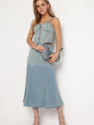 Niebieski Komplet Jeansowy Gorsetowy Top i Rozkloszowana Spódnica Queria