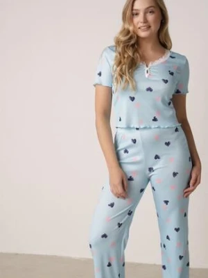 Niebieski Komplet Piżamowy z Elastycznego Materiału Spodnie i Bluzka w Serca Veys