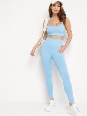 Niebieski Komplet Sportowy Biustonosz na Ramiączkach i Legginsy z Gumką w Pasie Nadlira