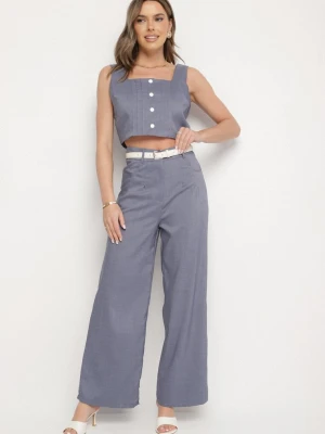 Niebieski Komplet Szerokie Spodnie i Top na Ramiączkach z Ozdobnymi Guzikami Lirelene J&x