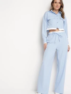 Niebieski Komplet w Stylu Utility Krótka Koszula i Szerokie Spodnie z Gumką w Pasie Lysianne