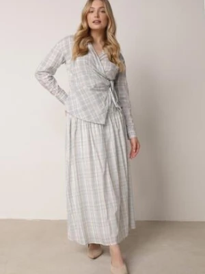 Niebieski Komplet z Bawełny w Kratę Kopertowa Wiązana Bluzka i Rozkloszowana Spódnica Alais unigirl