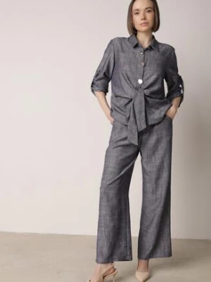 Niebieski Komplet z Lnem i Wiskozą Szerokie Spodnie i Koszula z Wiązaniem Ravilith