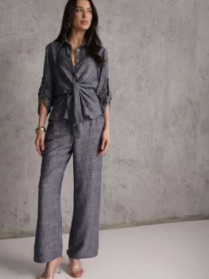 Niebieski Komplet z Wiskozą Bawełną i Lnem Wiązana Koszula i Szerokie Spodnie Ravisela bisou's project